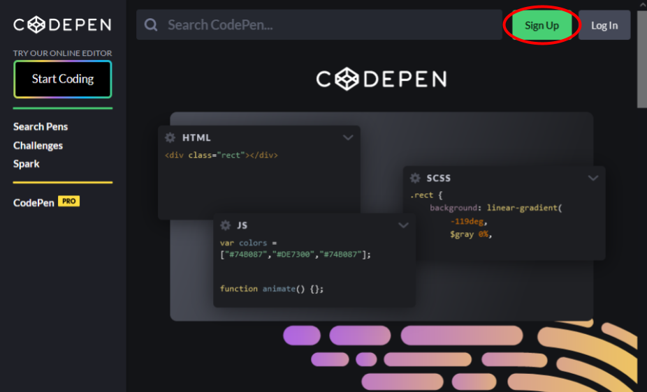 Screenshot of codepen homepage.