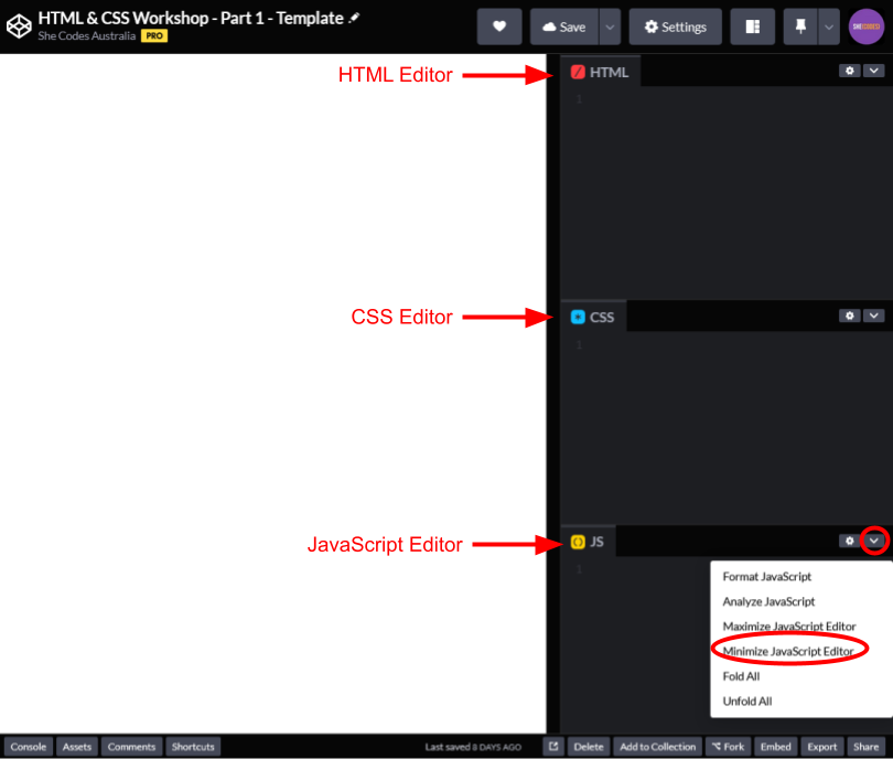 Screenshot of CodePen with layout editors annotated.