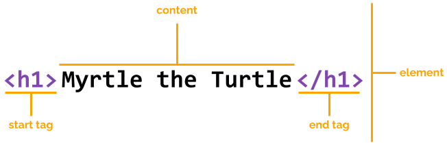 Annotated HTML Element showing opening and closing tags and content..