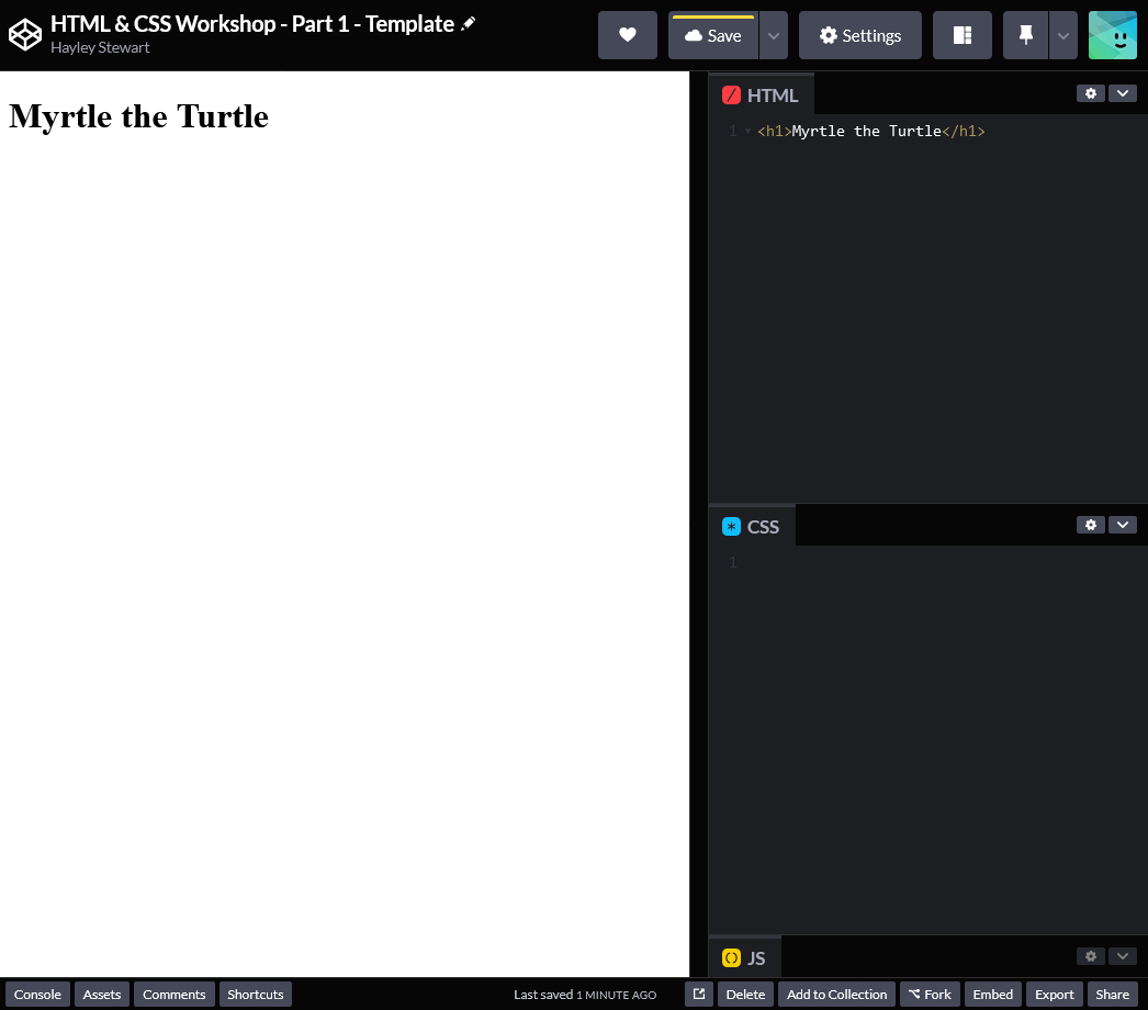 Screenshot of CodePen with h1 code and preview.