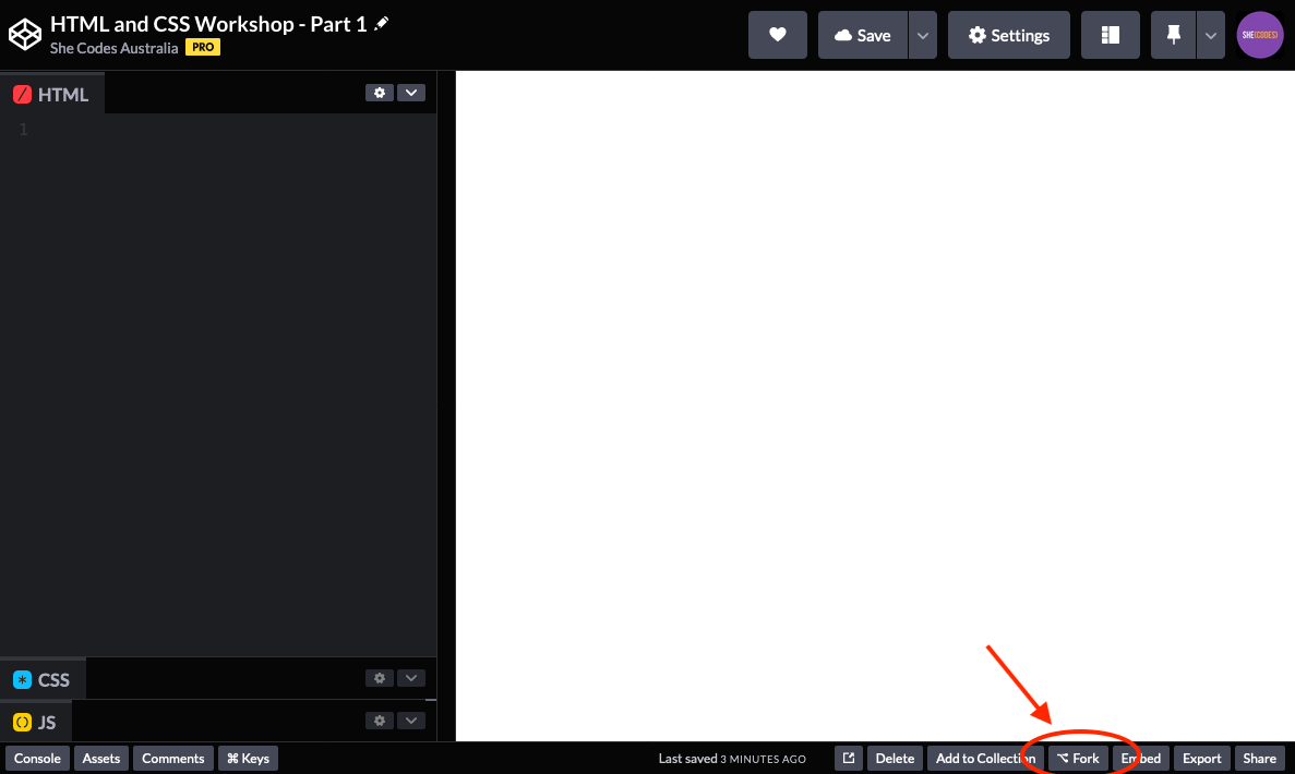 Screenshot of CodePen with “fork” button highlighted.