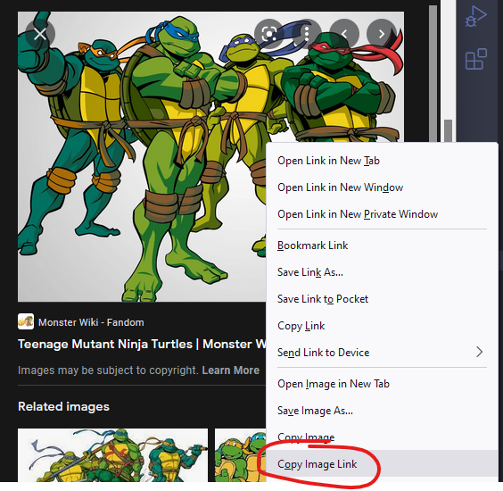 Screenshot of right click menu for image on Google Images.